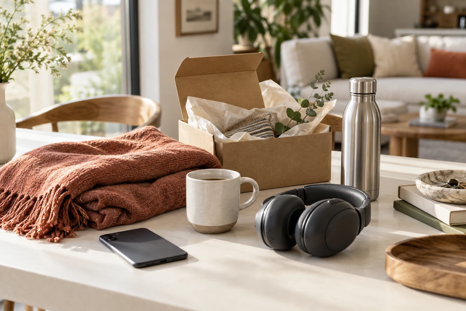 A thoughtfully arranged selection of everyday products and a delivery box.