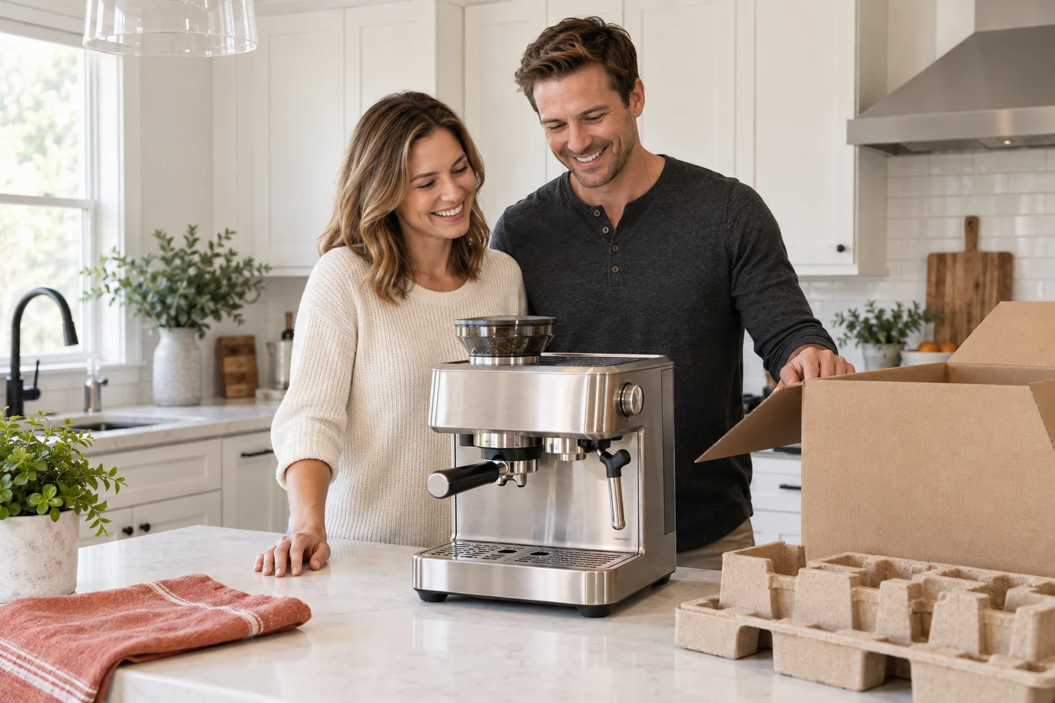 A happy couple in a contemporary US home admiring their newly unpacked espresso machine.