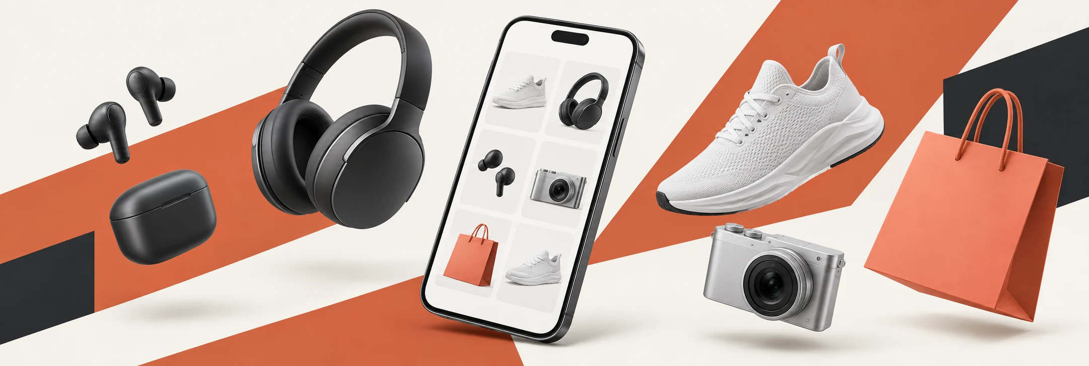A modern online shopping composition with a smartphone, headphones, sneakers and a shopping bag in coral, ivory and graphite.